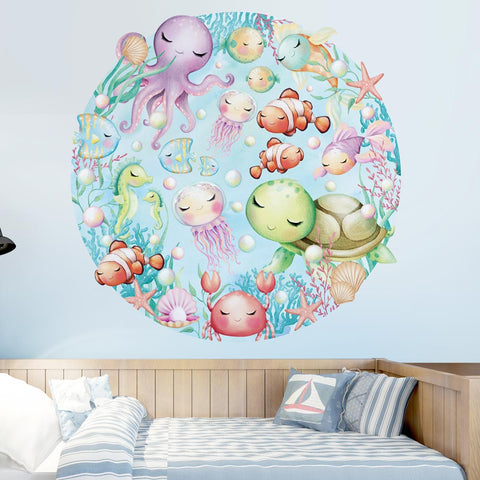 Adesivo murale per bambini Cerchio Piccoli animali marini