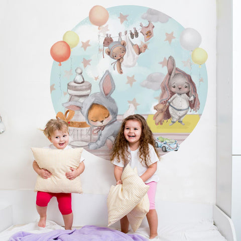 Adesivo murale per bambini Cerchio Animaletti e palloncini
