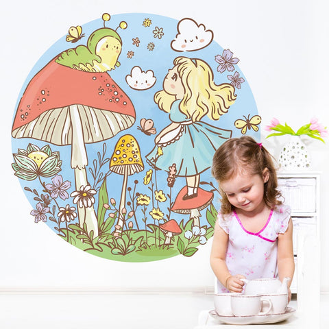 Adesivo murale per bambini Cerchio Alice, Bruco e i funghi