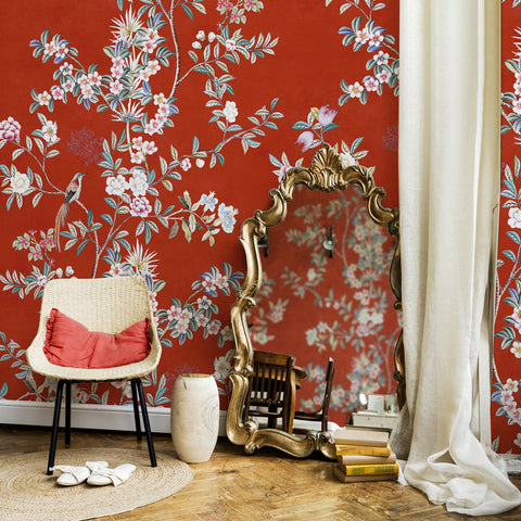 Carta da parati in Fibra di Vetro Chinoiserie scarlatta