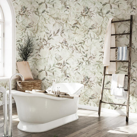 Carta da parati in Fibra di Vetro Botanical birds bagno 2