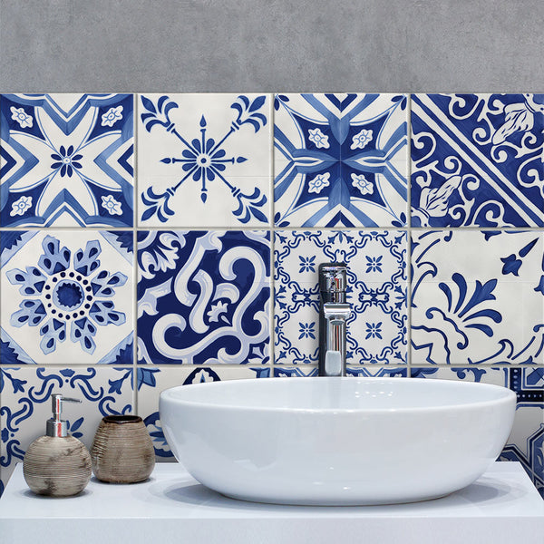 Piastrelle Adesive Da Parete Draeger Onda Giapponese - Set 6 Pezzi 15x15 Cm - Blu - Effetto Maiolica - Per Cucina E Bagno