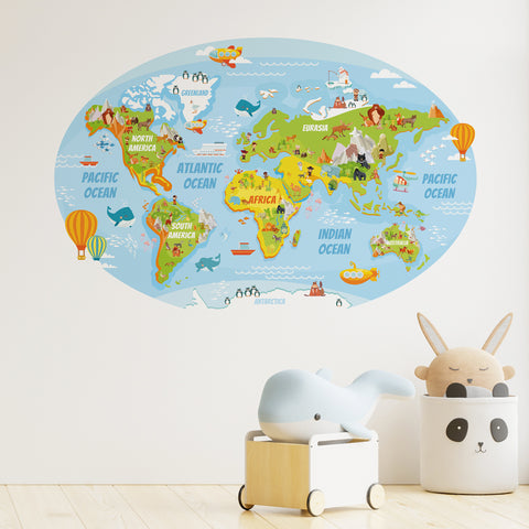 Adesivo murale per bambini Cerchio Planisfero allegro