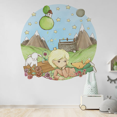 Adesivo murale per bambini Cerchio Piccolo Principe tra le stelle