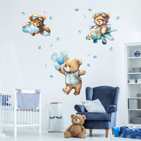 Adesivi murali per bambini Orsacchiotti in volo Azzurro