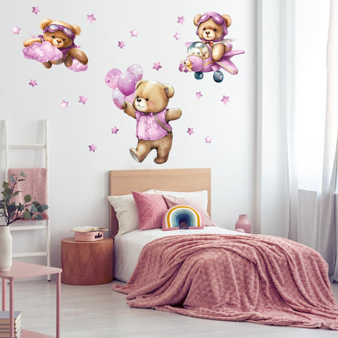 Adesivi murali per bambini Orsacchiotti in volo Rosa