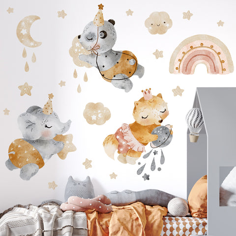 Adesivi murali per bambini Animaletti sognanti Lettino