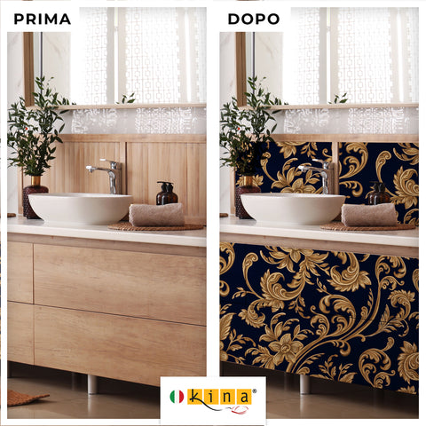 Pellicola adesiva per mobili Damask Ochre - Prima e dopo