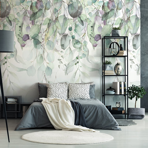 Carta Da Parati "Fronde pendenti (viola)" in TNT LISCIA - 3 fogli 60x300cm, Modulare ogni 180 cm