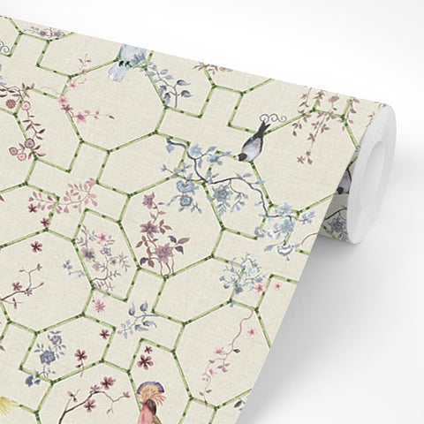 Carta Da Parati "Voliera" in TNT LISCIA - 3 fogli 60x300cm, Modulare ogni 180 cm