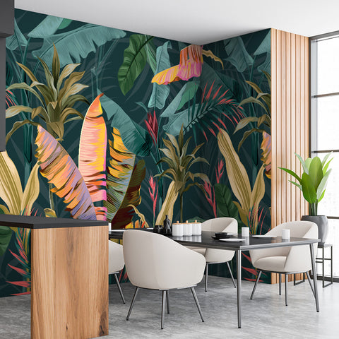 Carta Da Parati Colorful Banana Leaves - per sala da pranzo, esercizi commerciali
