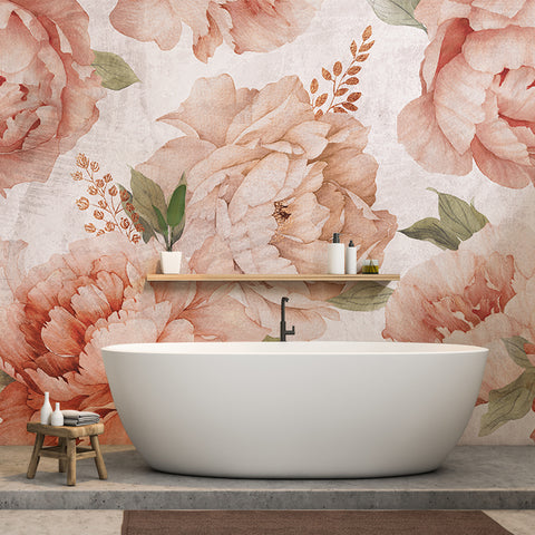 Carta da parati in Fibra di Vetro Peonie Arancione - bagno