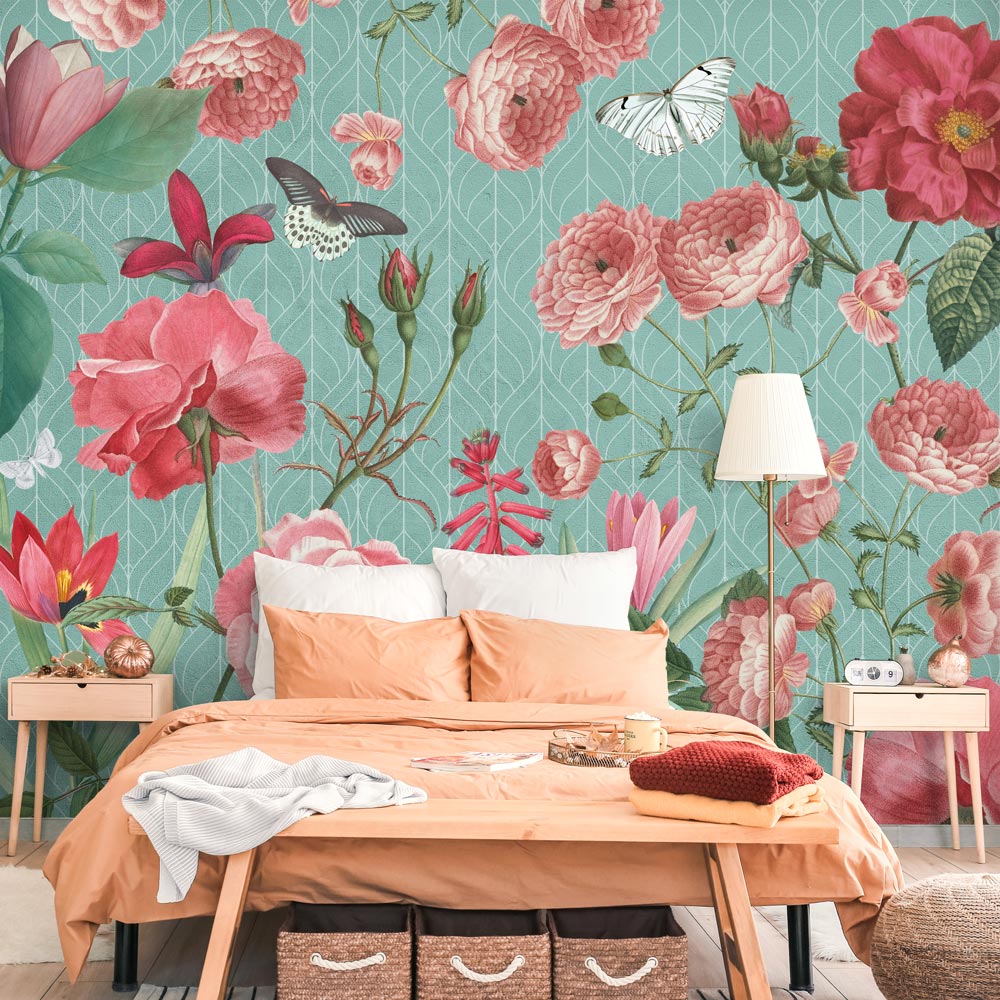 Decorazione Murale Design Fiori Carta Da Parati Fiori 400x280cm TNT -  Design Rose Viola E Rosa, Fotomurale Decorativo Pellicola Adesiva Per Mobili, image size:1000x1000