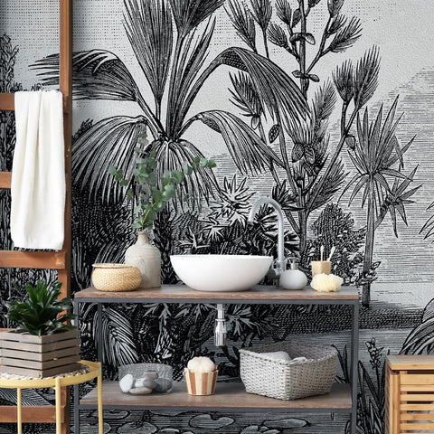 Carta da parati Black and white jungle bagno 2