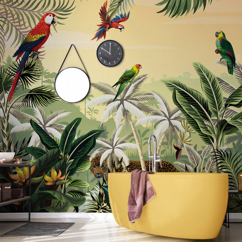 Carta da parati in Fibra di Vetro Parrots in the jungle - Bagno