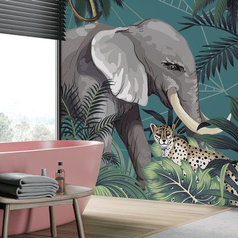 Carta da parati in Fibra di Vetro Dark teal green jungle bagno 2