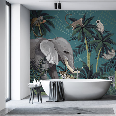Carta da parati in Fibra di Vetro Dark teal green jungle - bagno