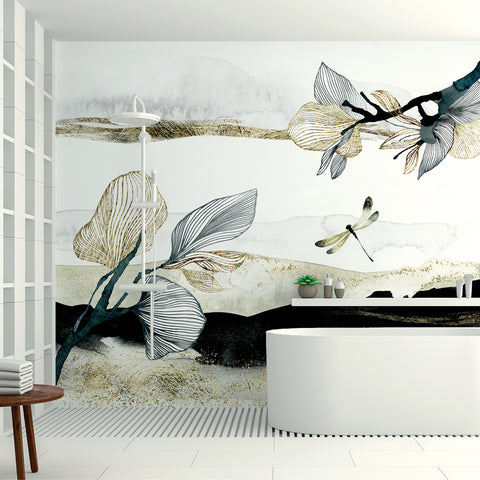 Carta da parati Libellula con tratti oro - bagno, box doccia