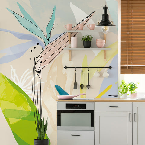 Carta da parati in Fibra di Vetro Strelitzia line art cucina 2