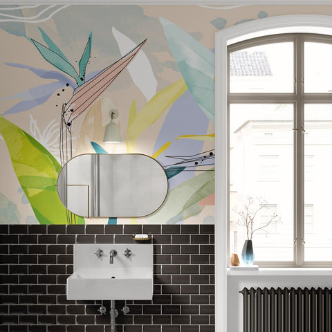 Carta da parati in Fibra di Vetro Strelitzia line art - bagno