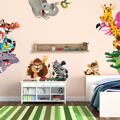 Grandora Adesivo Murale Safari - 95x70 Cm - Decorazione Cameretta Bambini - Animali E Alberi - Rimovibile