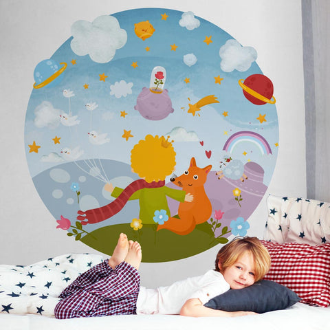 Adesivo murale per bambini Cerchio Piccolo Principe sognando tra amici