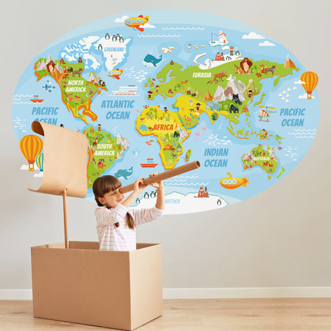Adesivo murale per bambini Cerchio Planisfero allegro